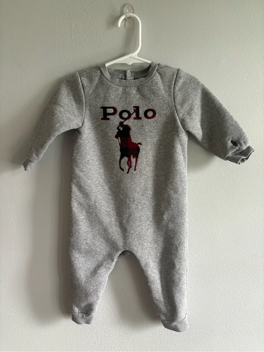 Ralph Lauren Gray Baby One-Piece with Red Plaid Polo Logo